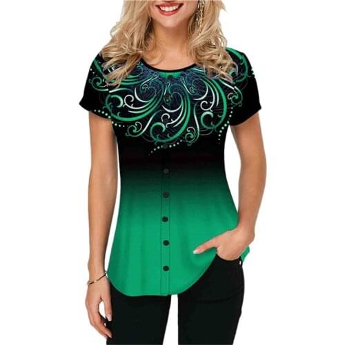 New Lady Summer Short Sleeve T-Shirts Gradient 3D Print Crew Neck Fashion Loose Single Breasted Embellished Tops