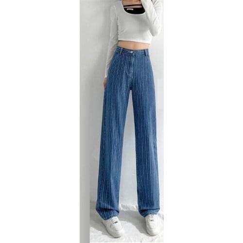 Free Shipping 2021 Spring/Summer Womens New Wide-Leg Striped Jeans High-Waist Straight-Leg Loose-Fitting Drape Casual Pants