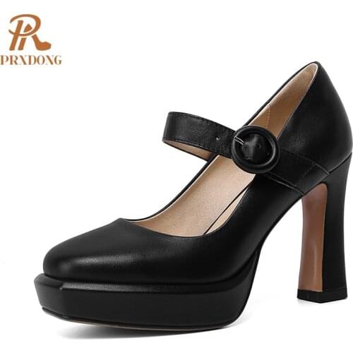 2021 New Women Pumps Mary Janes Thick Platform High Heel Genuine Leather Shoes Dress Office Lady Square Toe Buckle Strap Female