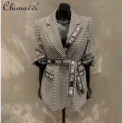 2021 Autumn New Korean Style Lace-up Waist Houndstooth Woolen Suit Jacket Female Loose Plaid Mid-length Small Blazer Ladies Coat