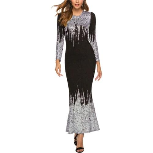 Fashion Bronzing Elastic Slim Long Sleeves Dress Women Elegant Round Neck Party Maxi Dresses Missord Sexy Dress 2020