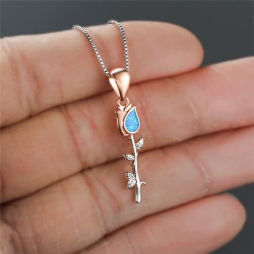 Women Blue Imitation Opal Pendant Necklace Korean Silver Color Leaf Necklaces For Women Wedding Rose Gold Flower Necklace