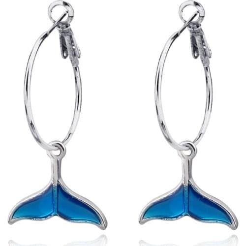 1Pair Simple Cute Mermaid Fish Tail Hoop Earrings For Women Girl Glossy Blue Animals Tail Metal Circle Earrings Jewelry E168