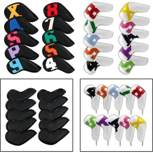 10pcs PU Leather Golf Iron Head Cover Club Headcover Set Protector Sleeve with Large Number Tag Waterproof Long Neck