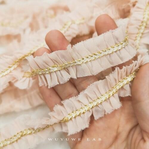 2M Gold Weave Lace Ribbon with Pink White Folds Chiffon Lace Trim Band Rustic Vintage Wedding Centerpieces Decor Sewing Craft