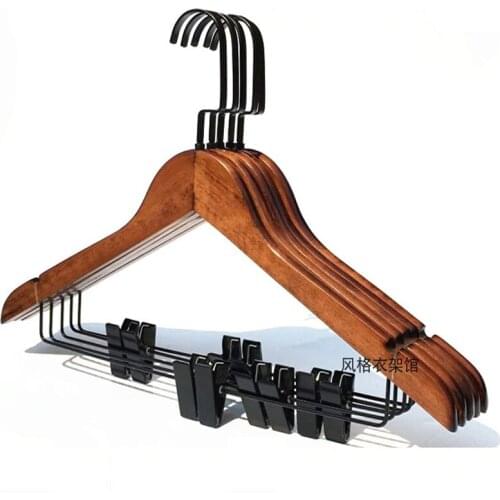 5 pcs/lot Retro Solid Wood Clothes Hangers with Clips Anti-skid Shoulder Traceless Clothing Hanging Retro Color Wooden Pant Rack