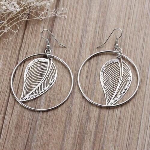 8Seasons Copper Filigree Stamping Earrings Round Silver Color Leaf Hollow 62mm x 43mm,1 Pair Hot new