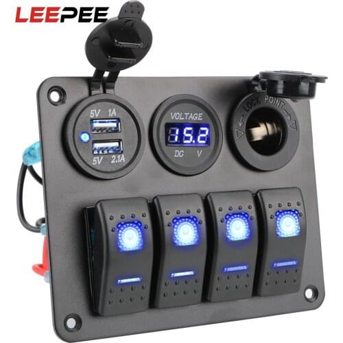 LEEPEE Circuit Breaker Dual USB Port Waterproof Digital Voltmeter 4 Gang Aluminum Panel LED Rocker Switch Panel