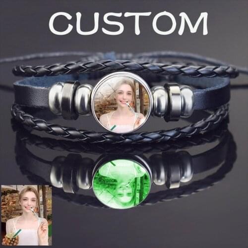 Custom Photo Logo Text Bracelet Luminous Picture Glass Button Personalized Women Men Bracelets Bangle Glow In The Dark Jewelry