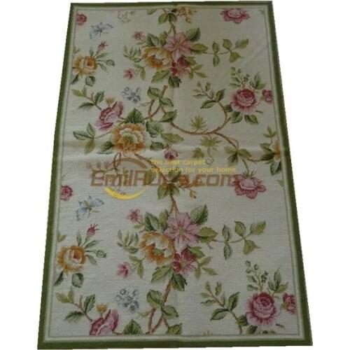 Completed Hand Crafted Needlepoint Colorful Floral Orbusson Oriental Embroidered Carpet With Interwoven Woollen Wreath