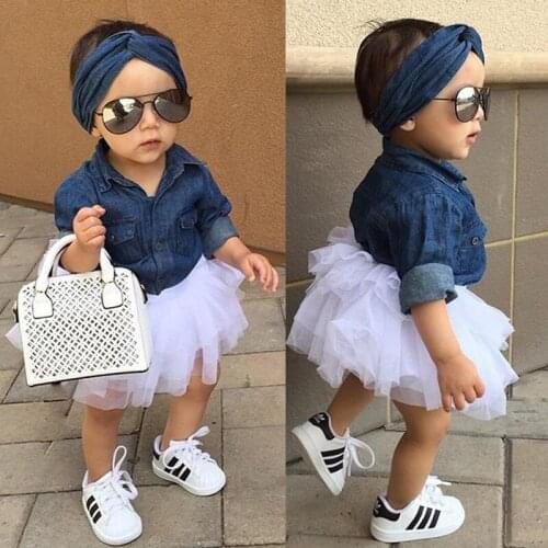 Toddler Girl Set 2019 Childrens Long-sleeved Denim Shirt + White tutu Skirt+Headband Baby Girl Causal 3pcs Kid Dress Clothes