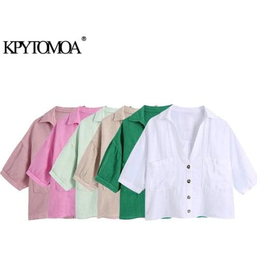KPYTOMOA Women 2021 Fashion With Pockets Loose Cropped Blouses Vintage Short Sleeve Button-up Female Shirts Blusas Chic Tops