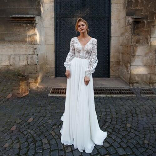 Hippie Lace Boho V Neck Long Sleeves Bohemian Beach Wedding Dresses Chiffon Country Backles Bride Gowns