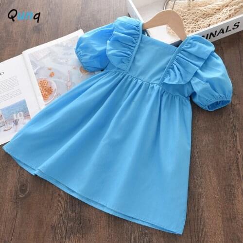 Qunq Summer Girls Dress Puff Sleeve Square Collar Blue Kids Dresses for Baby Girl 2021 New Toddler Children Princess Clothhing