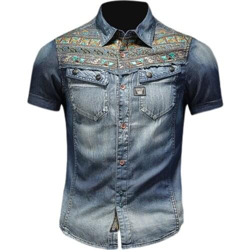 Verano de manga corta Camisa vaquera Hombre Vaqueros 100% algodón literaria personalidad bordado motocicleta solapa vaquero abri