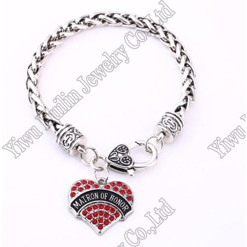 Fashion rhodium plated with sparkling crystals MATRON OF HONOR heart charm bracelet Lobster-claw-clasps High Quality