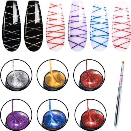 Elite99 6/12pcs Metallic Spider Silk Shiny Gel Polish Kit Nail Brush Set Soak Off Nail Wire Drawing Gel Painting Manicure Set
