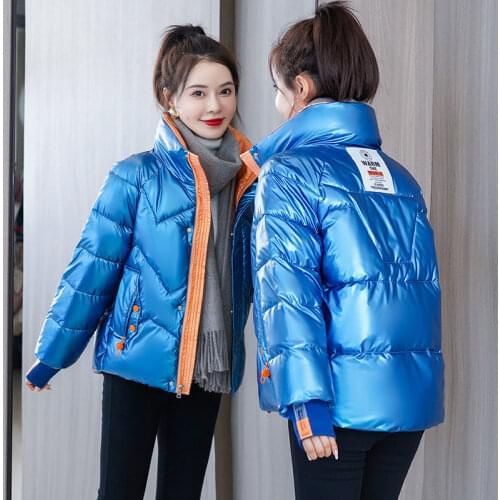 Short Parka Ladies 2021 Winter Glossy Jacket Cotton padded Loose Women Coat Windproof Rainproof Zip Patch Female Outwear Parkas