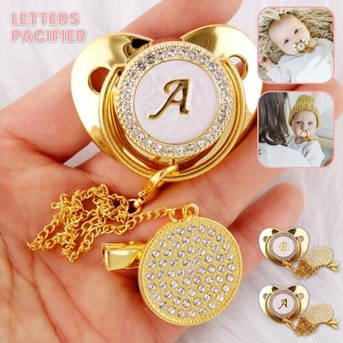 Rhinestones Baby Pacifier Clip Chain 26 Letters Initial Pacifier Clips BPA Free Silicone Infant Nipple Gold Bling Dummy Soother