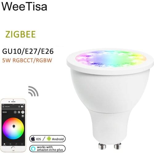 ZIGBEE LED Spotlight GU10 E26 E27 Dimmable 5W RGBW RGBCCT AC 110V 220V Smart Home APP Control LED Bulbs Work with Amazon Echo