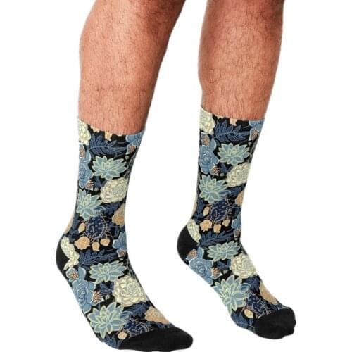 2021 Funny Mens socks blue succulent Pattern Printed hip hop Men Happy Socks cute boys street style Crazy Socks for men