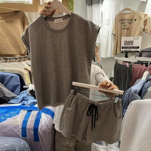 2 Piece Set Women Solid O Neck Sleeveless T Shirts+Lace Up Elastic Waist Wide Leg Shorts Korean Fashion Suits 2020