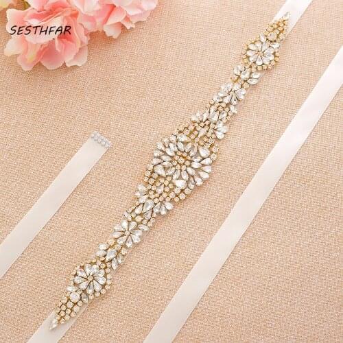 SESTHFAR Pearls Bridal Belt Gold Crystal Wedding Belt Rhinestone Beads Wedding Sash For Women Formal Dress