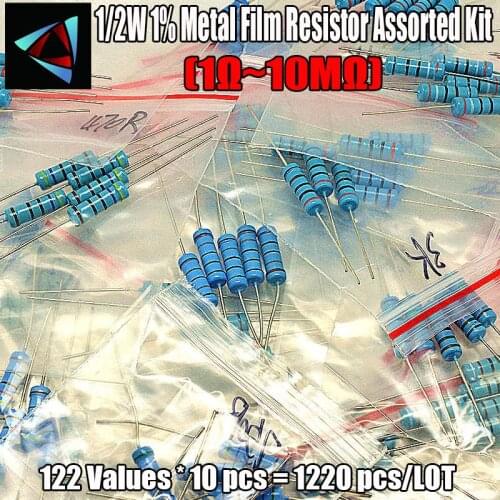 1/2W 1% 122Values*10pcs=1220Pcs 1R-10M Ohm Metal Film Resistor Assorted Kit