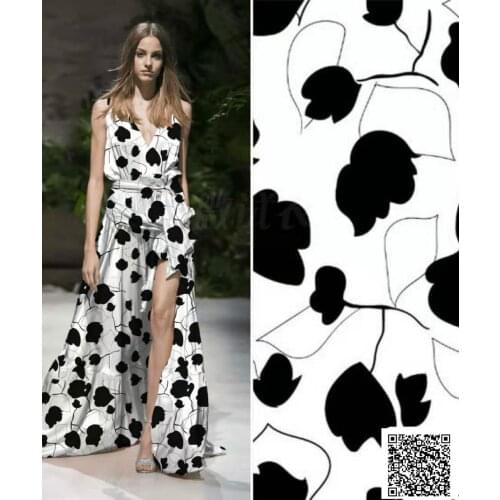 2021 Black rattan leaf printed fabric comfortable imitation cotton dress shirt suit white fabric haute couture fashion fabric