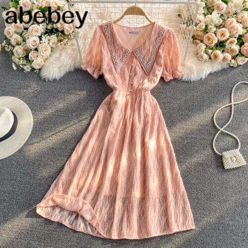 2021 New Summer Retro versatile Embroidery doll collar short sleeve Dress waist slim sweet solid Dress