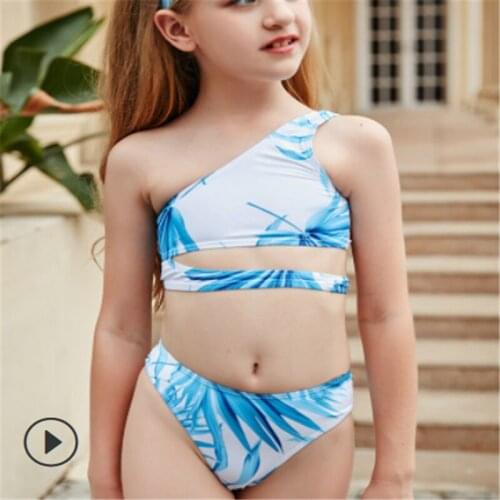 Kids Girls Two Piece Swimsuit One Shoulder Vest Solid Color Sling High Waist Shorts for Clothing Set Beach Swimwear