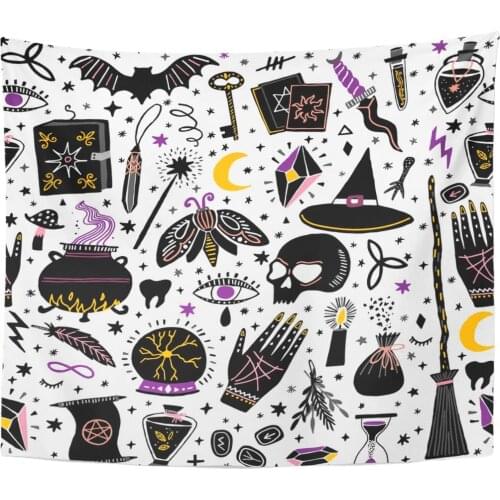 Tapestry Pattern Magic Witch Witchcraft Alchemy Black Bohemian Drawing Drawn Tapestries Wall Hanging for Living Room Bedroom