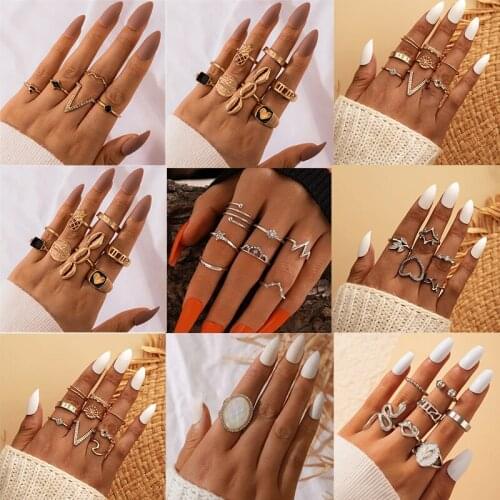 HuaTang 9 Style Vintage Crystal Cross Heart Finger Rings Set for Women Geometric Big Opal Shell Knuckle Ring Jewelry Anillos