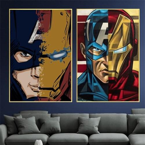 Marvel Iron Man Captain America Half Face To Face Canvas Painting Anime Posters Wall Art Pictures for Kids Home Decoration