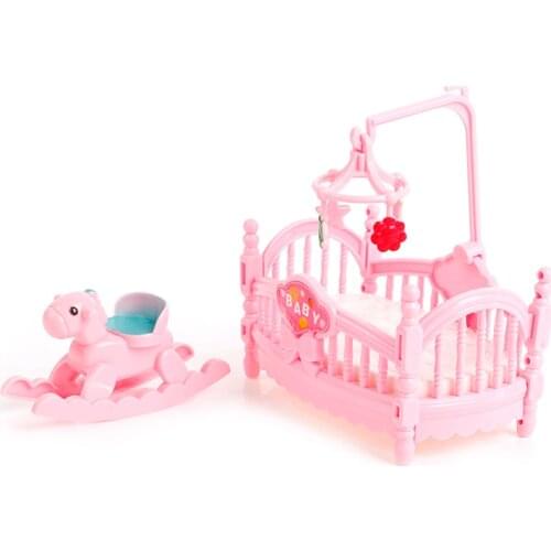 Miniature Crib Bed And Wooden Horse For Children Girls Gift Doll House Decor