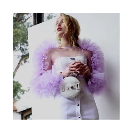 Trendy Lavender Tiered Tulle Tops Women 2020 Fashion Sheer See Through Tulle Top Ruffle Full Sleeves Blouse Shirts Custom Made