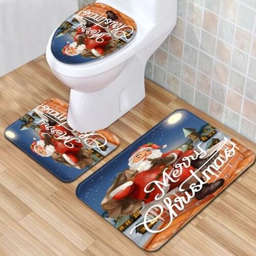 3pcs Set Toilet seat Cover Bathroom Mat Home Non-Slip Absorbent Doormats Christmas Decoration Carpet Printing Flannel Rug
