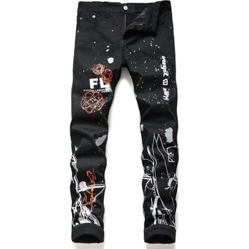 New European style digital printing pants mens male slim denim pants high-end micro-elastic black fashion casual trousers