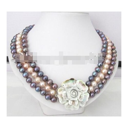 18-20" 3row 9-10mm black & pink round freshwater pearl necklace