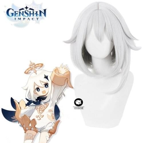 Game Genshin Impact Paimon Cosplay Wigs NPC Grey Short Bob Cosplay Wig Heat Resistant Synthetic Hair Halloween