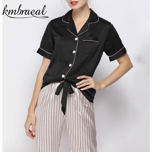 New Pajamas for Women Emulation Silk Summer Short Sleeve Trousers Pajama Two Piece Set Stripe Print Sleepwear Homewear Plus Size