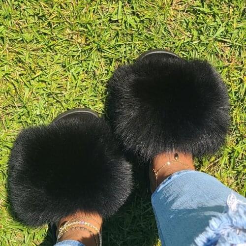 Ladies Summer Gorgeous Fur Sandals Women Amazing Slippers Fuzzy Warm Slides Elegant Party Shoes Fashion Flats Fox Fur Slippers