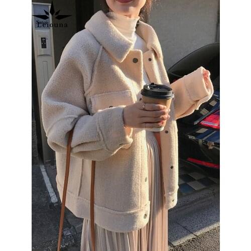 Loose Long Sleeve Solid 2021 Fashion New Womens Early Spring Sheepskin Coat Female Plush Students Coat Shirt Autumn Jackets