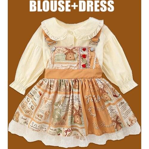 2Pcs Vintage Spanish Baby Girls Dresses Turkish Children Lolita Princess Dress Outfits Autumn Kids Girl Yellow Skirt And Top Set