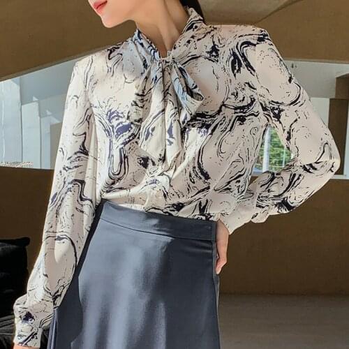 New Long Sleeve Blouse Lace Up Bow Collar Office Lady Button Up Shirt Fall Tops Blusas Mujer Rippling Print Elegant Women Shirt