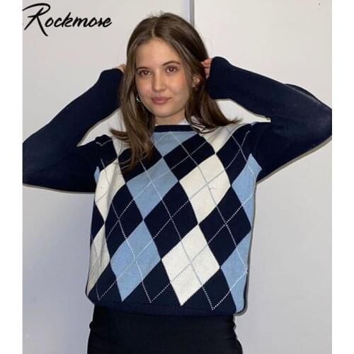 Rockmore Argyle Plaid Womens Long Sleeve Sweaters Plus Size Preppy Style Checkered Cardigan Streetwear Aesthetic Sweater Ladies