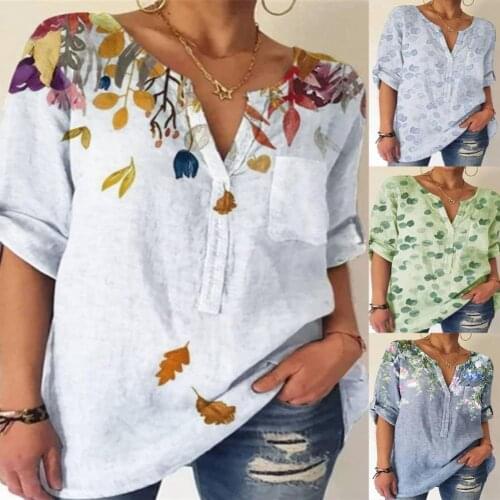 Street Style Lady Fashion Casual Tops Summer Loose Elegant Pullover Shirts For Women V-neck Printed Short-Sleeved Vintage Blouse