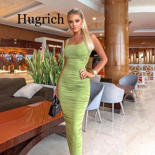 2020 New Spring/Summer Plicated Dress Solid Spaghetti Strap Women Casual Sheath Mid-Calf outfits streetwear cute clothing
