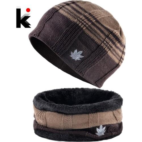 Winter Warm Hat Scarf Set For Men Fashion Maple Leaf Knitted Wool Skullies Beanies Knit Striped Patchwork Color Cap Male Ski Hat