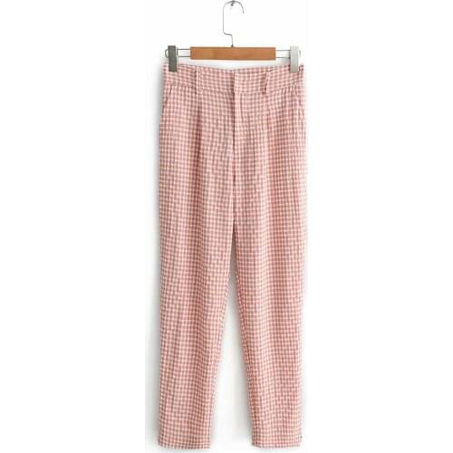 2019 Women Spring-Autumn Fashion Plaid Long Za Pants Female Casual Red-White Plaid Zipper High Waist Trousers pantalones mujer